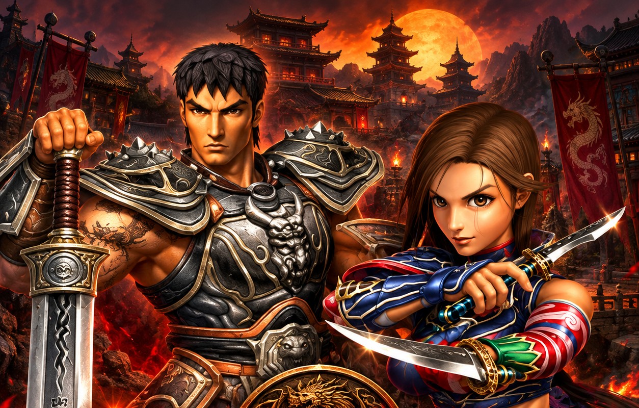 Guerreiro e ninja diante de um império oriental em chamas, arte de referência CLTMETIN